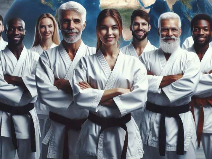 A diverse group of karate instructors in a global martial arts community