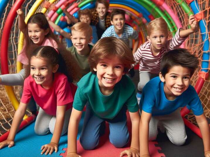 Kids crawling through an obstacle course tunnel