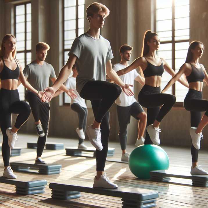 A group of students performing balance training exercises in a gymnasium