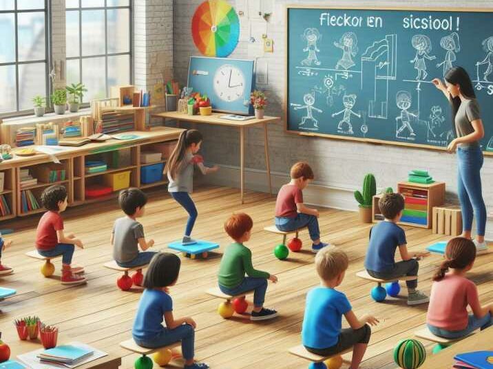 A classroom setting with children using balancing boards during an interactive lesson
