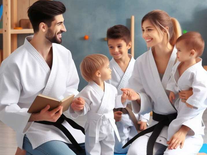 Parent actively participating in a toddler karate class, supporting their child.
