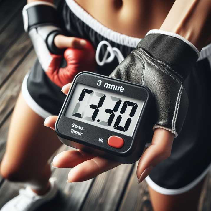 A digital timer displaying 3 minutes, representing the standard duration of kickboxing rounds.