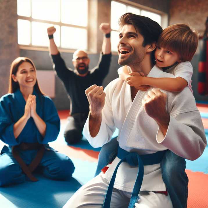 A parent cheering on their child with special needs during a martial arts practice