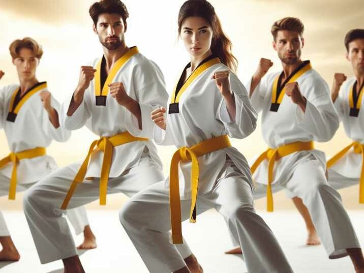 Group of yellow belt taekwondo practitioners performing poomsae or forms