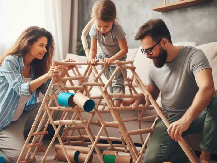 family creating a makeshift obstacle course at home with household items