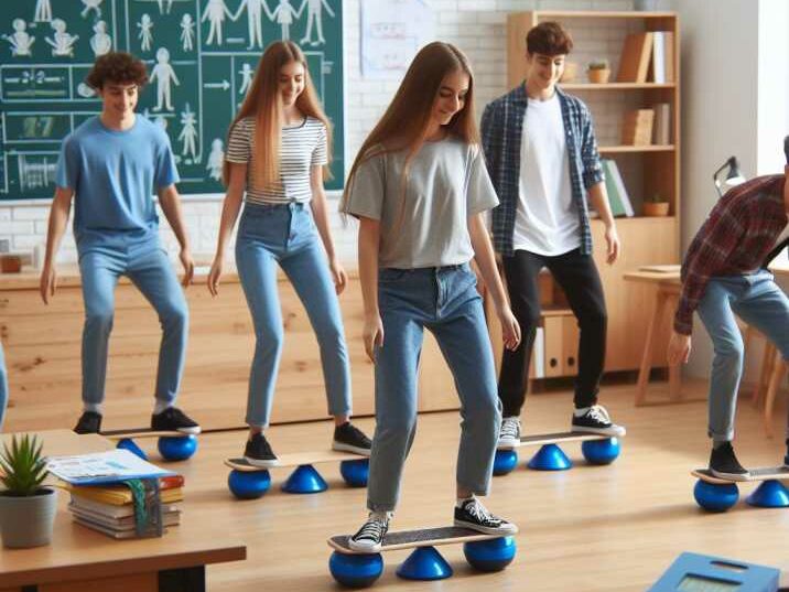 Students using balance boards in a classroom setting