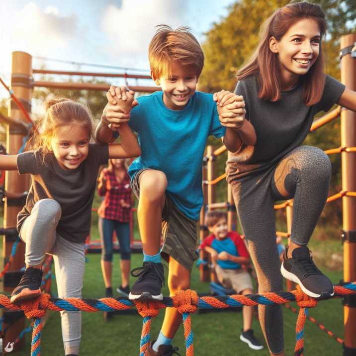 Siblings conquering an obstacle course, showcasing teamwork, coordination, and the thrill of family challenges