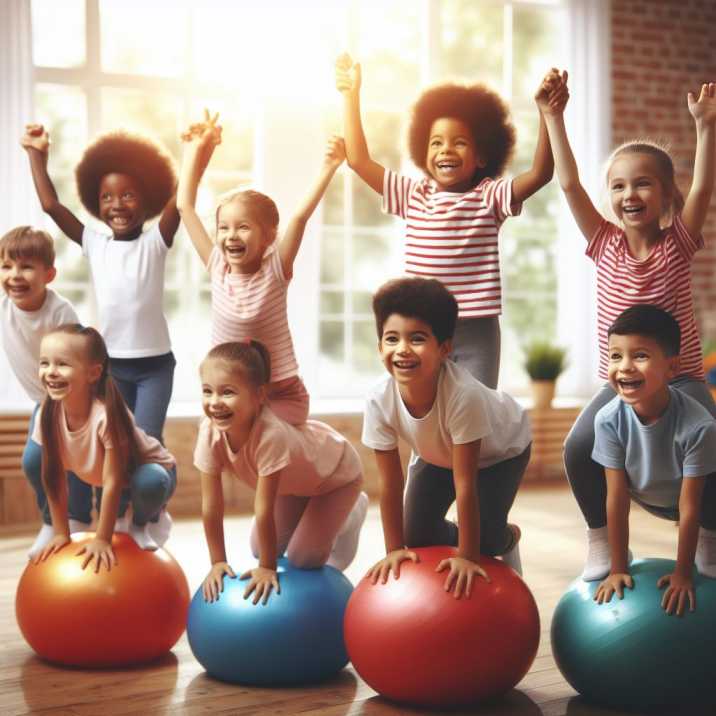 Diverse group of children joyfully engaged in balance training activities