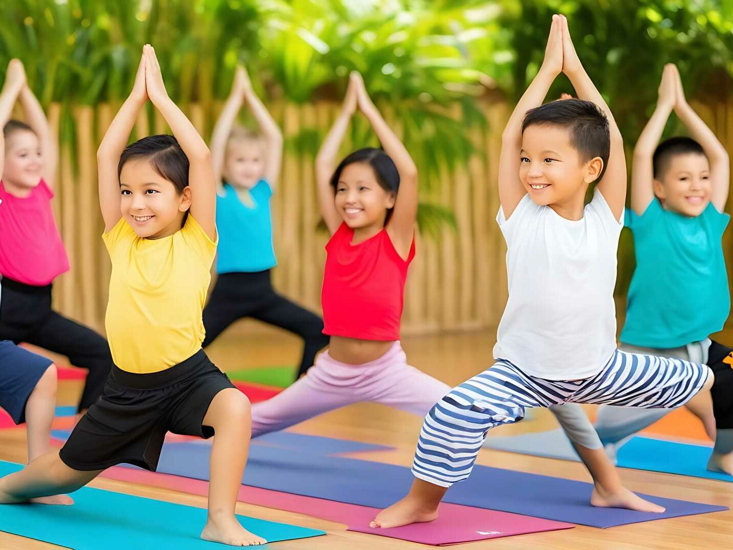 Group of kids balancing with yoga poses during martial arts training