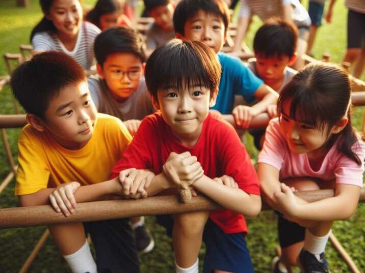 Kids collaborating in a team-based obstacle course