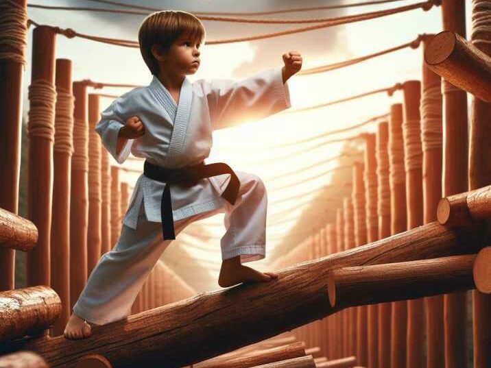 A child performing a martial arts kata amidst obstacle course challenges.