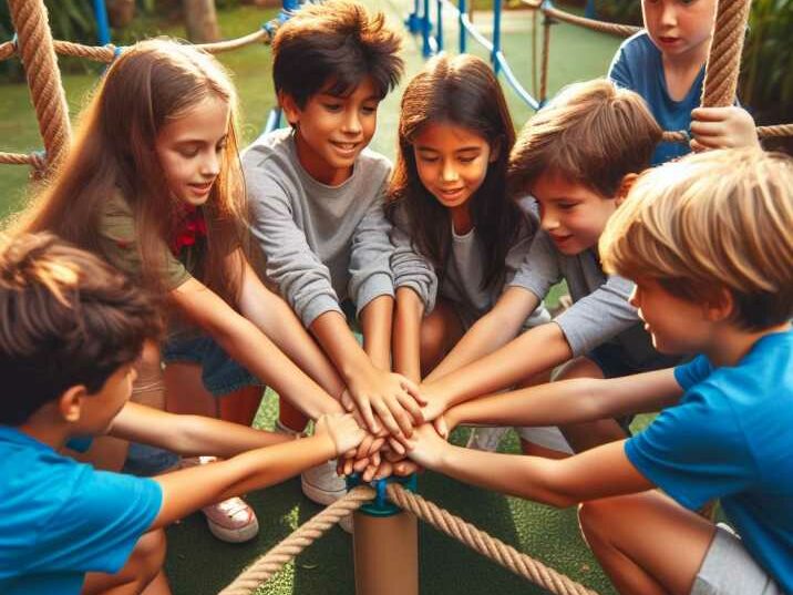 Children collaborate in a group obstacle course, fostering teamwork and camaraderie