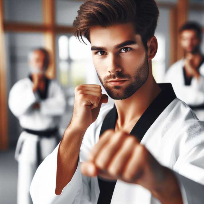 a student in a focused Taekwondo stance during training