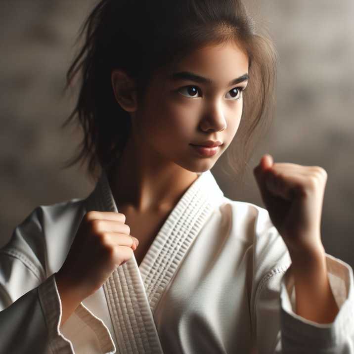 Children confidently facing and overcoming martial arts challenges, fostering self-esteem and growth
