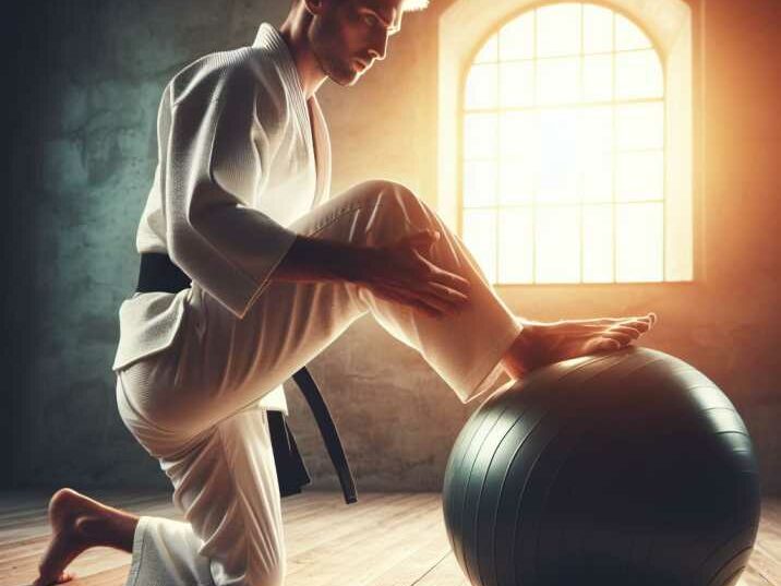 Martial artist using Swiss ball for stability training