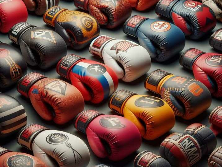 Assortment of 24 ounce boxing gloves in various colors and styles for selection.