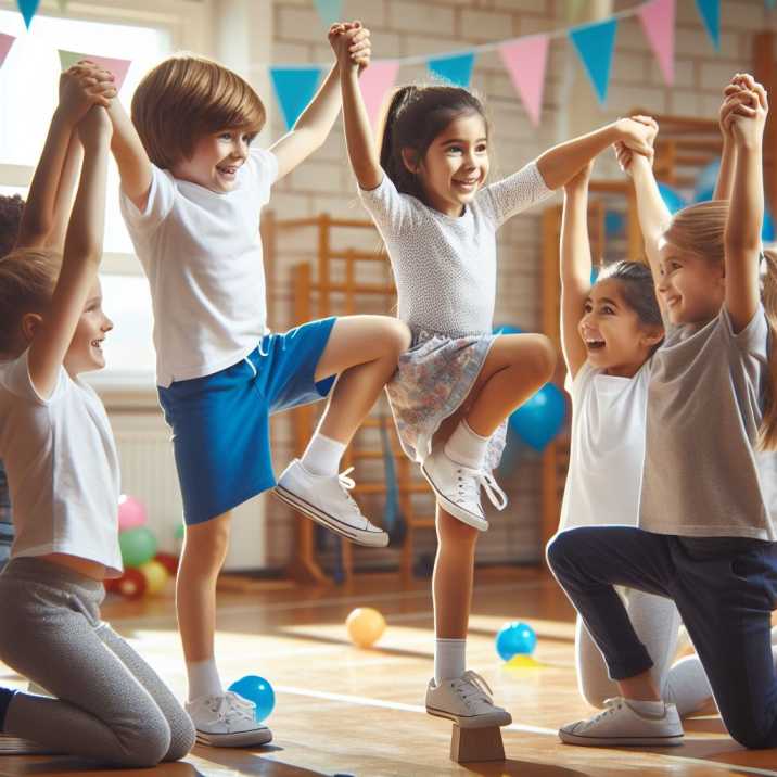 Children cheering and supporting each other during one-legged balancing challenges