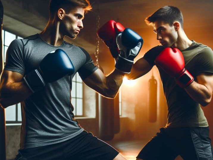 Two kickboxers engaged in a sparring session, showcasing their skills in a controlled and simulated combat scenario