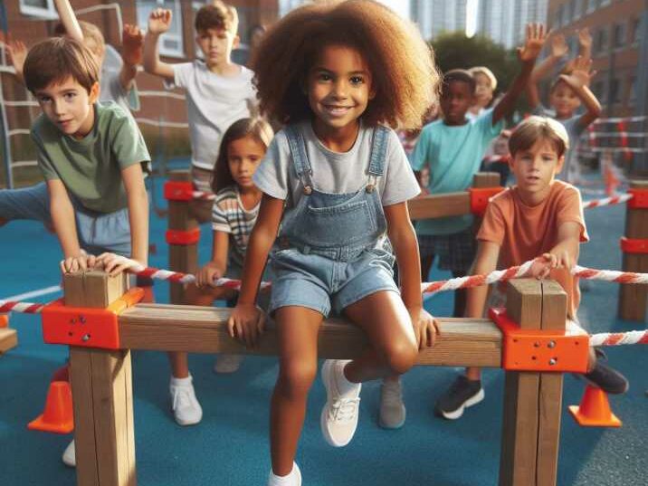 Children demonstrating safe play habits on an obstacle course