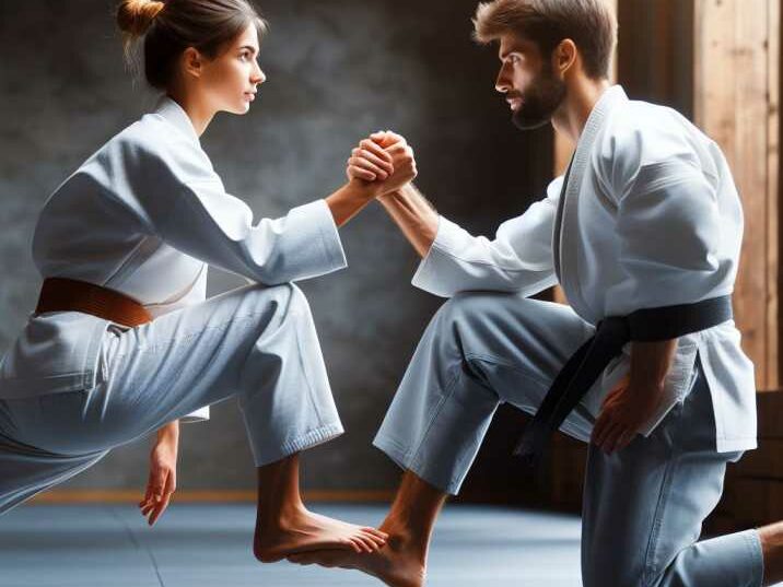 Two martial artists in tandem stance for partner-based balancing