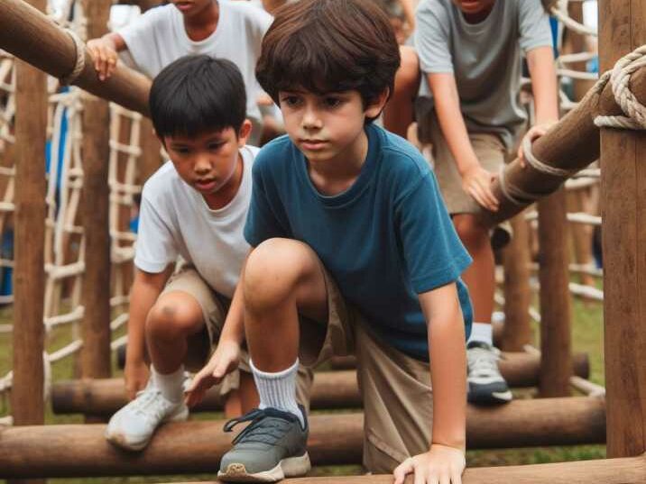 Group of kids collaborating on an obstacle challenge