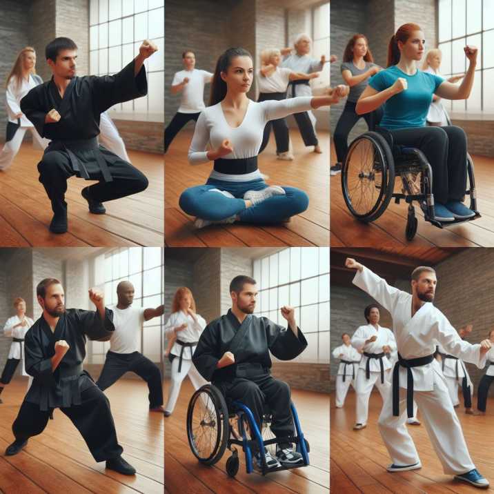 Inclusive Kung Fu class with diverse practitioners of varying abilities training together