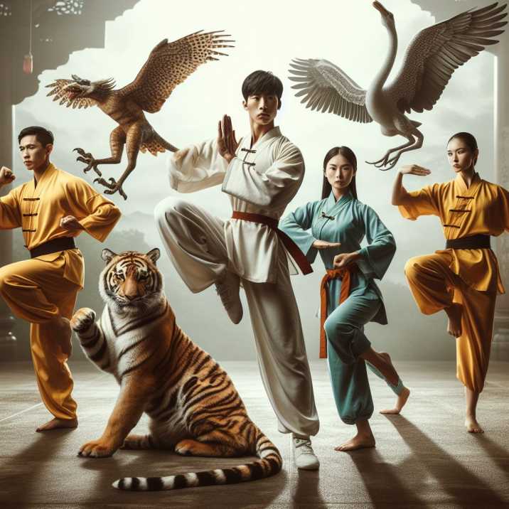 Martial artists demonstrating the Shaolin Five Animals form, incorporating movements inspired by the tiger, crane, leopard, snake, and dragon