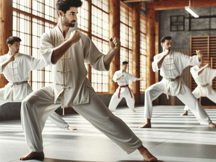 A group of Kung Fu students practicing stances and forms in a dojo." Description: "Kung Fu training emphasizes discipline, focus, and precision
