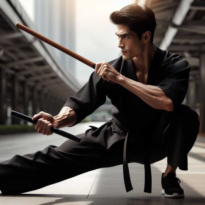 martial artist demonstrating his skills with the nunchaku.