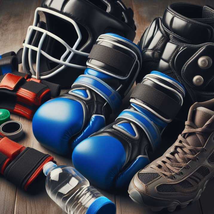 Protective gear including gloves, mouthguard, and shin guards for kickboxing.