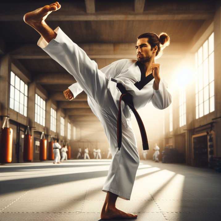 Taekwondo practitioner demonstrating a powerful kick with discipline and concentration.