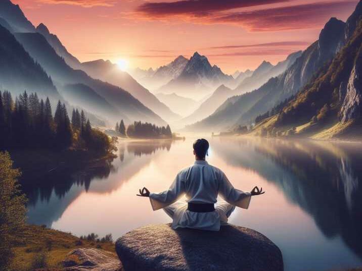 A serene landscape with a martial arts master in a meditative pose, symbolizing inner harmony and self-discovery