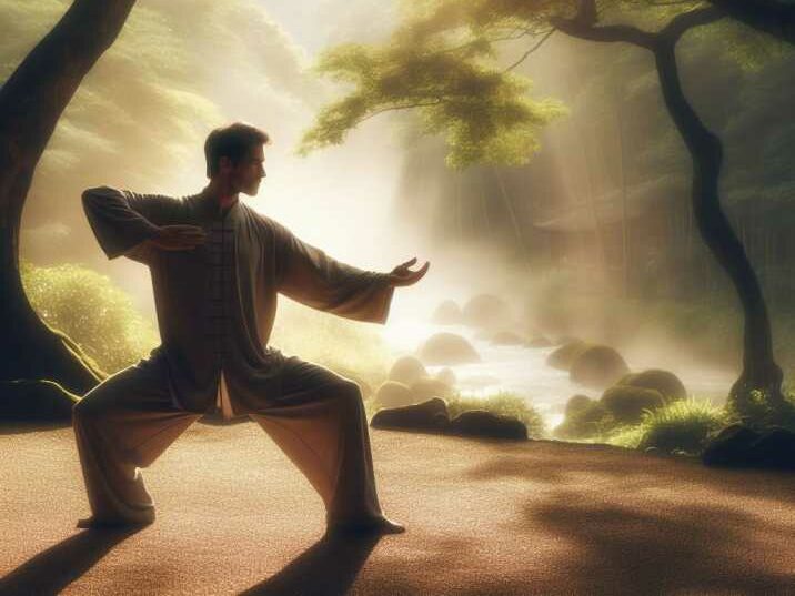 Tai Chi practitioner in a serene natural setting, practicing slow, flowing movements