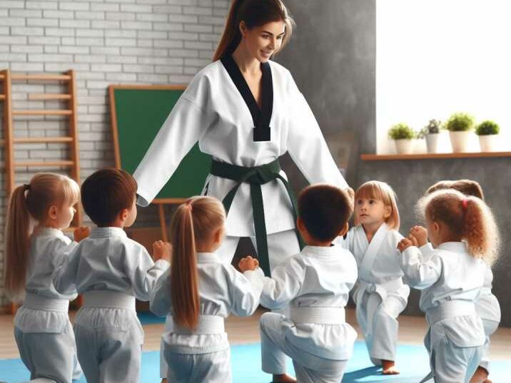 Taekwondo instructor leading preschoolers in class