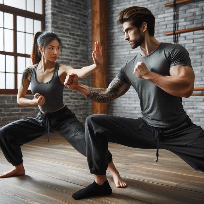 Two Kung Fu practitioners engaging in partner drills