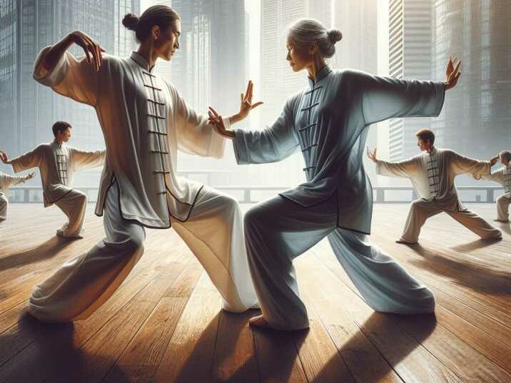 Two individuals practicing Kung Fu techniques in a peaceful setting.