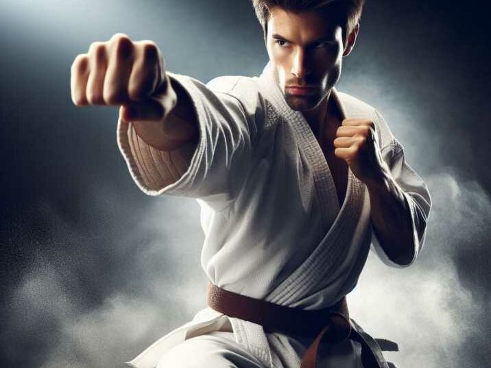 A karate practitioner in a focused stance, demonstrating a punch.