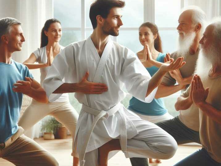 Group of students practicing Kung Fu in a peaceful setting