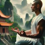 A Kung Fu practitioner meditating in a tranquil setting