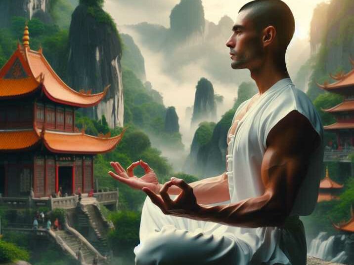 A Kung Fu practitioner meditating in a tranquil setting