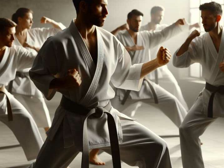 A group of people practicing Karate in a dojo, demonstrating various martial arts techniques.