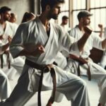 A group of karate practitioners in karategi performing training drills at a traditional dojo.