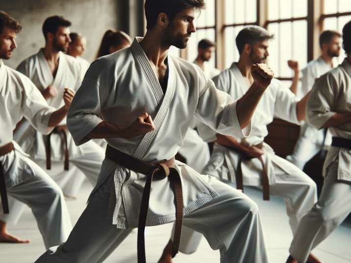 A group of karate practitioners in karategi performing training drills at a traditional dojo.