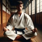 Karate practitioner meditating in a serene dojo setting.