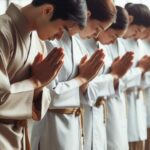 Karate practitioners bowing in respect.