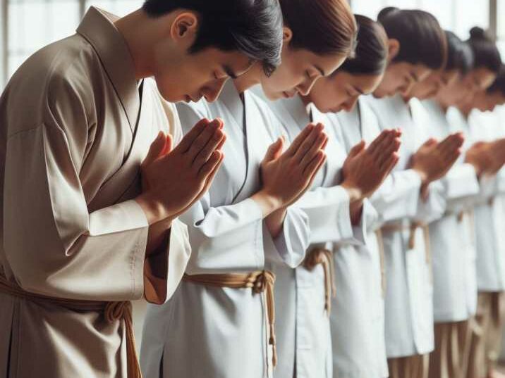 Karate practitioners bowing in respect.