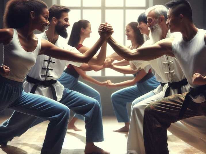 Group of diverse Kung Fu students practicing together