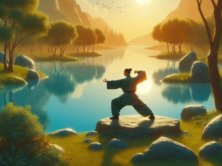 Person practicing Tai Chi by a lake