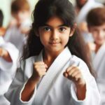 Kids practicing karate in a martial arts dojo.