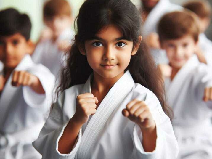 Kids practicing karate in a martial arts dojo.